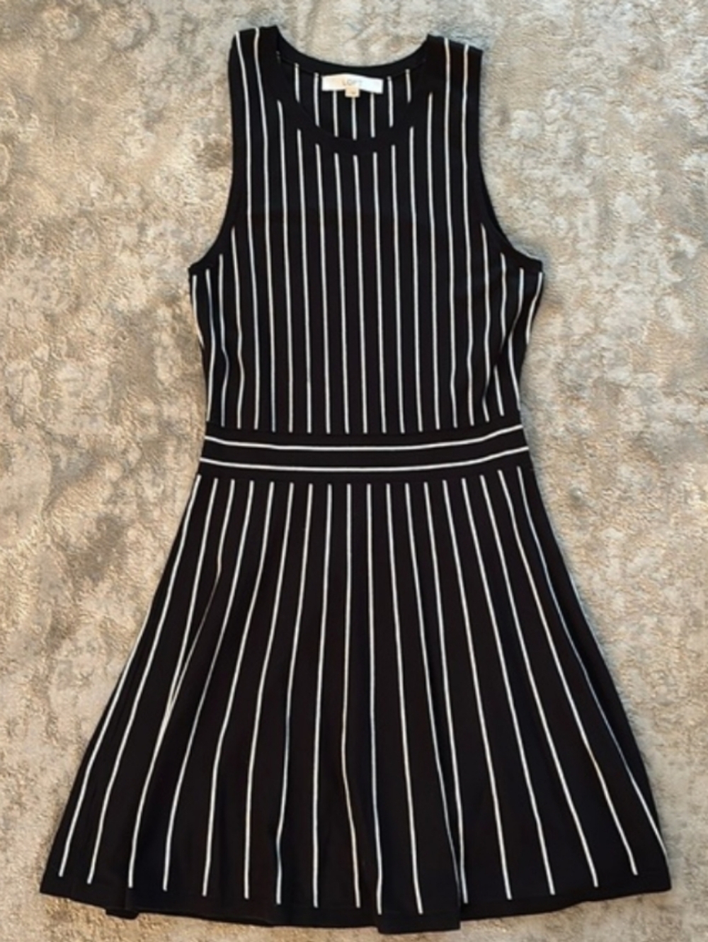 LOFT Black Dress with White Vertical Stripes